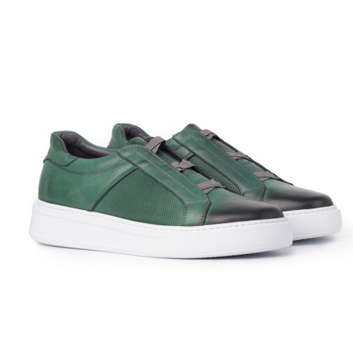 کفش اسپرت مردانه چرم سبز پتینه مدل بدون بند برند دایموند